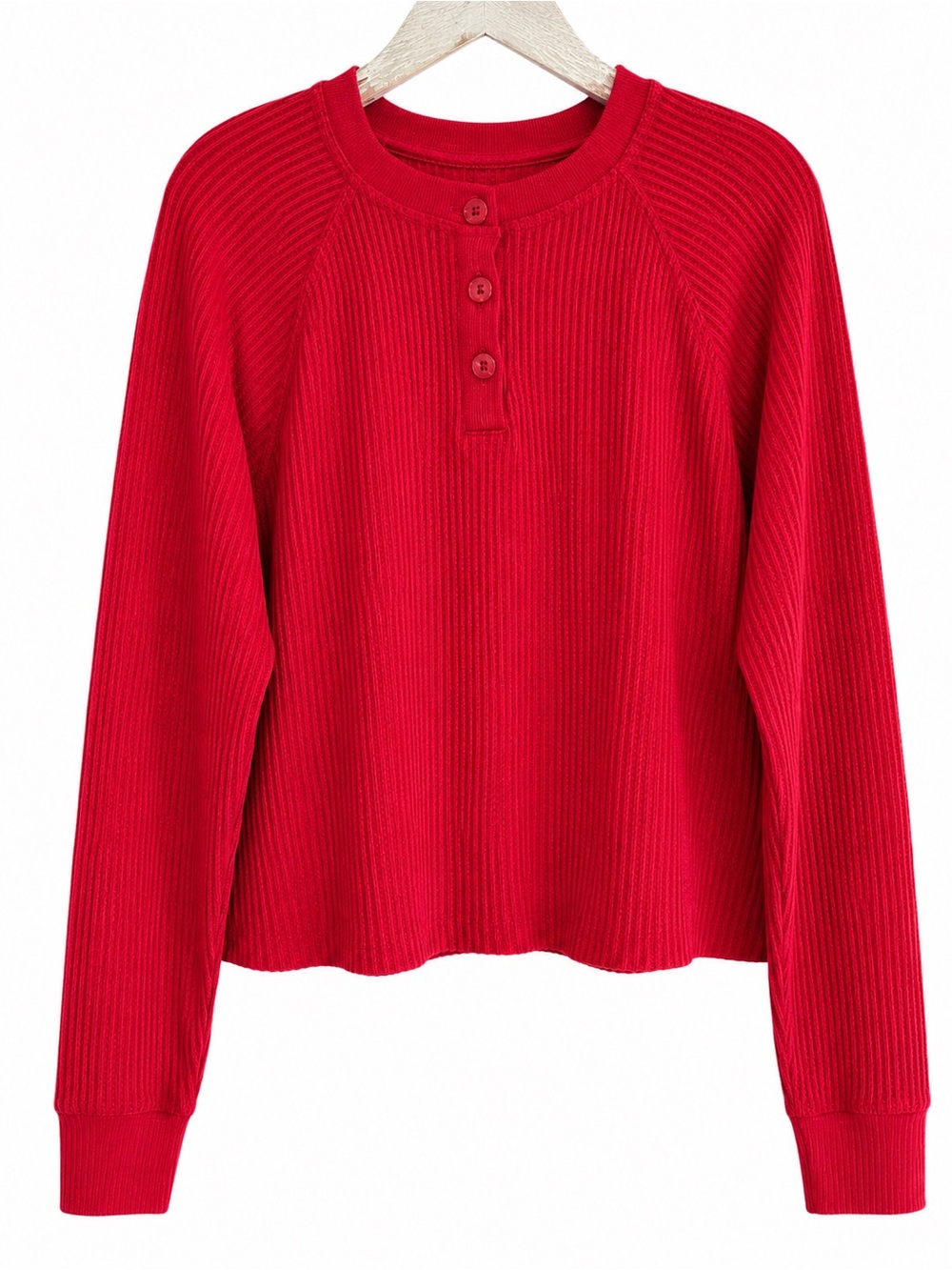 Cherry Fizz Old Navy Cropped Waffle Knit Henley Long Sleeve Thermal Top Oversize